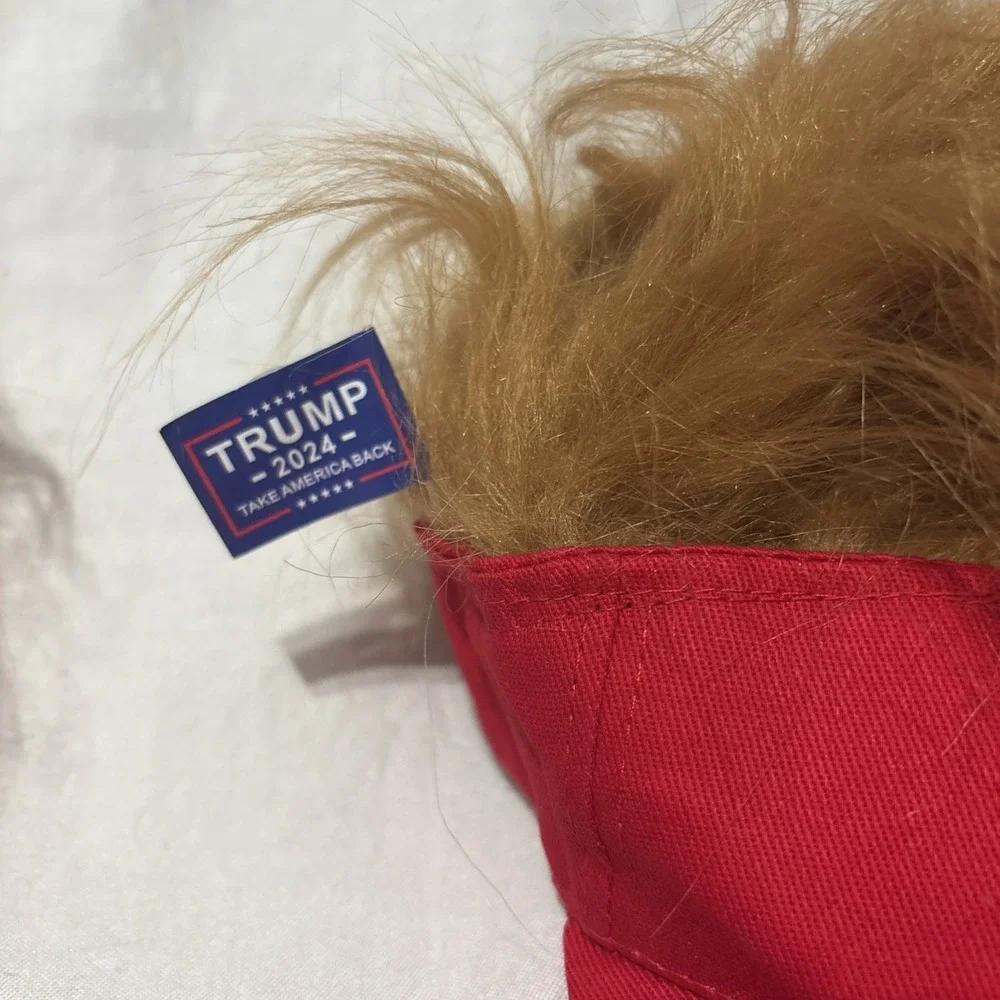 Lot Of 2 President Donald TRUMP Red Trumpy Visor Hat w/Gold Hair Golf Cap Wig
